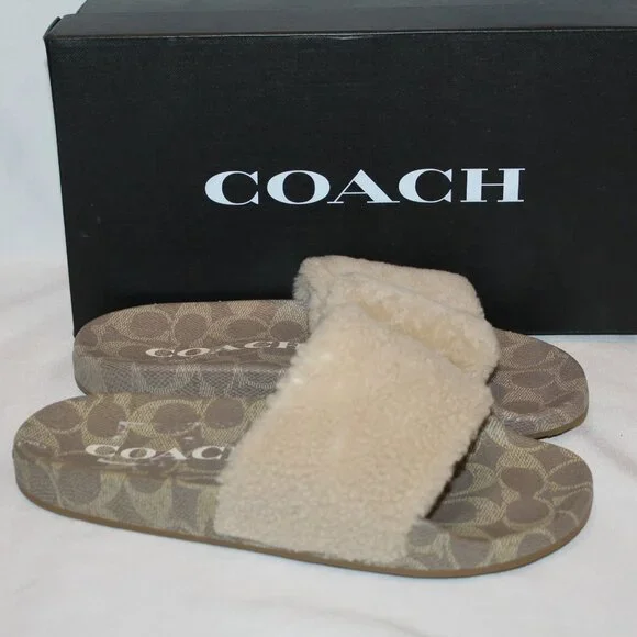 NIB COACH WOMEN'S ULLA SHEARLING LOGO SLIDE IVORY SIGNATURE SZ 7 - Picture 1 of 6